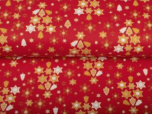 Vánoční bavlněná látka/plátno Sandra SA-408 Hvězdičky a stromky na červeném - šířka 160 cm