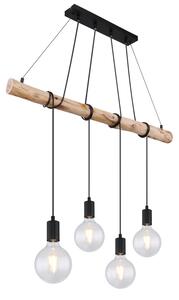 Globo 15439-4 AUSTON - Závěsné svítidlo v kombinaci dřeva a černých textilních kabelů, 4x E27 (Svítidlo nejen nad stůl)