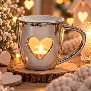 Vánoční aroma lampa stříbrná ve ttvaru hrnku se srdcem 12 cm 9000467