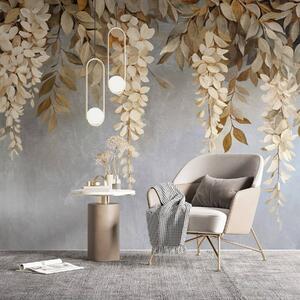 Fototapety Jemné bílé a světle béžové květy vistárie s listy kaskádovitě padajícími dolů na jemném šedém, Fototapety květiny, w08531 : uwalls.cz