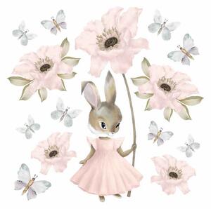 Dětská nálepka na zeď Pastel bunnies - zajíček, květiny a motýly Rozměry: XL