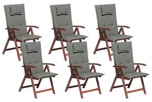 Sada 6 dřevěných zahradních židlí s šedými polštáři TOSCANA