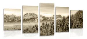 5-dílný obraz zamrzlé hory v sépiovém provedení - 100x50 cm