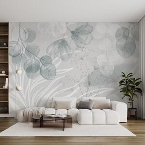 Fototapety Květinové prvky eukaliptu v modrých a bílých odstínech s překrývajícími se listy a okvětními, Fototapety akvarel, w08599 : uwalls.cz