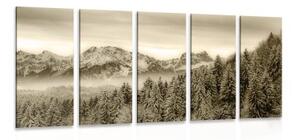 5-dílný obraz zamrzlé hory v sépiové provedení - 100x50 cm