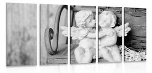 5-dílný obraz sošky andílků na lavičce v černobílém provedení - 100x50 cm