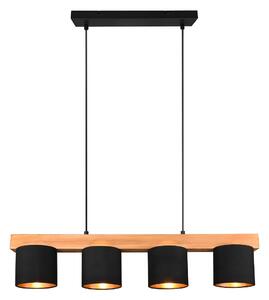 Trio Leuchten R30654002 CAMERON - Závěsný lustr nad jídelní stůl se dřevěnou lištou 4 x E14 (Moderní závěsný lustr se dřevěnou lištou a textilními stínidly v černo zlaté barvě)