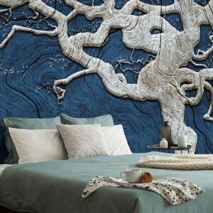 Tapeta abstraktní strom na dřevě s modrým kontrastem - 150x100 cm