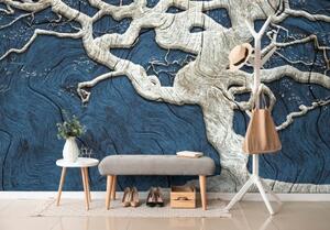 Tapeta abstraktní strom na dřevě s modrým kontrastem - 300x200 cm