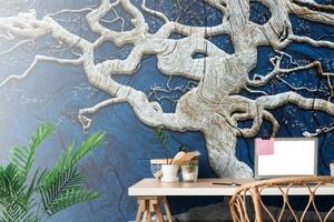 Samolepící tapeta abstraktní strom na dřevě s modrým kontrastem - 450x300 cm