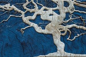 Samolepící tapeta abstraktní strom na dřevě s modrým kontrastem - 450x300 cm