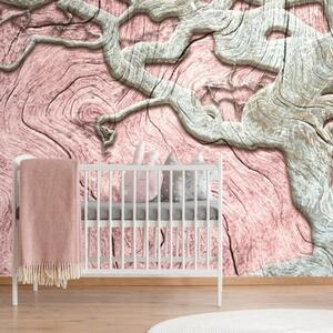 Tapeta abstraktní strom na dřevě s růžovým kontrastem - 300x200 cm