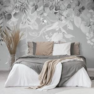 Samolepící tapeta jemné listy v šedém šaty - 300x200 cm