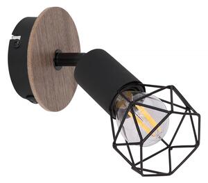Globo 54802S-1H XARA - Nástěnné retro bodové svítidlo v černé barvě s vypínačem a dřevěným prvkem 1 x E14 (Nástěnná kovová bodovka v černé barvě se dřevěným prvkem, vypínač na svítidle)