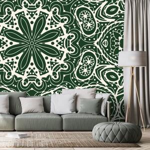 Tapeta bílá Mandala na zeleném pozadí - 300x200 cm
