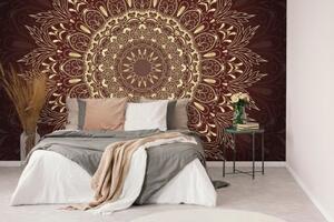 Samolepící tapeta zlatá Mandala na bordóvém pozadí - 450x300 cm
