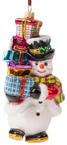Dům Vánoc Sběratelská skleněná ozdoba na stromeček Sněhulák s hromadou dárků
