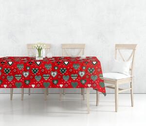 Ervi bavlněný ubrus na stůl obdélníkový/čtvercový - Vánoční - srdíčka na červeném