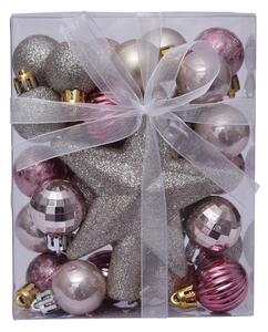 DECOLED Sada ozdob, 29x 3cm koule, 1x glitter špice, růžová a stříbrná