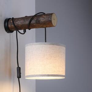 Leuchten Direkt 11235-79 BARK - Nástěnná lampička se dřevem a textilním stínidlem, kabel do zásuvky, 1 x E27 (Nástěnná lampička s lištou ze dřeva, kabel s vypínačem do zásuvky)