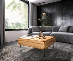 DELIFE Konferenční stolek Shavani 90x90 cm akácie přírodní 2 dvířka podnož ve tvaru L nerezová ocel stříbrná