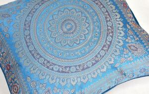 Modrý saténový povlak na polštář s výšivkou, mandala, zip, 40x40cm
