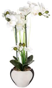 Umělá květina, tři orchideje s bílými květy v stříbrném květináči