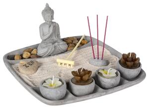 Sada svíček a vonných tyčinek s postavou buddhy, 24 x 23 cm, šedá