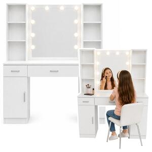 Kosmetický stolek s LED zrcadlem, zásuvkami a skříňkami, bílý, rozměry 141 x 114 x [chybí rozměr]