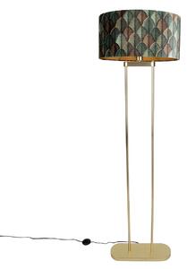 Mosazná stojací lampa s oválným stínidlem s motivem listů a zlatým interiérem 50 cm - Thijmen