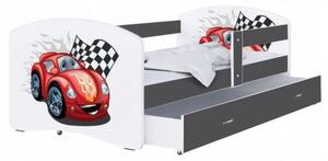 Dětská postel LUKI se šuplíkem ŠEDÁ 160x80 cm vzor ZÁVODNÍ AUTO