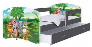 Dětská postel LUKI se šuplíkem ŠEDÁ 160x80 cm vzor ZVÍŘATKA JUNGLE