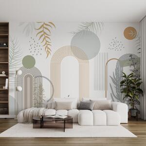 Fototapety Abstraktní potisk s geometrickými tvary, oblouky a tropickými listy, Fototapety příroda, Fototapety palmové listy, w08835 : uwalls.cz