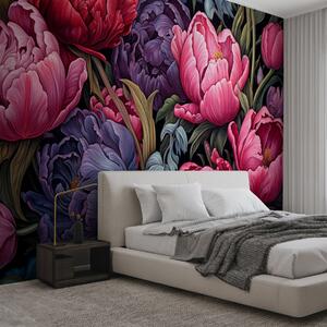 Fototapety Tulipány a pivoňky ve viktoriánském stylu v růžové a fialové barvě, Fototapety květiny, Fototapety velké, w08818 : uwalls.cz