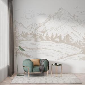 Fototapety Kresba hor, přírodní krajiny, les, dřevěné domy, béžová barva, Fototapety příroda, w03348 : uwalls.cz