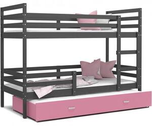 DOBRESNY Dětská patrová postel s přistýlkou JACEK 3 190x80 cm ŠEDÁ-RŮŽOVÁ