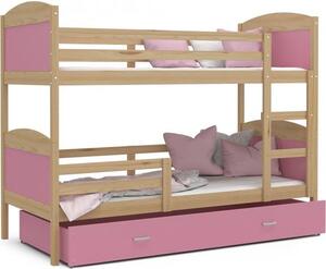 DOBRESNY Dětská patrová postel Matyas dřevěná 160x80 BOROVICE-RŮŽOVÁ