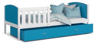Dětská postel TAMI P 80x160 cm s bílou konstrukcí v modré barvě se šuplíkem