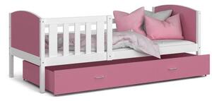 Dětská postel TAMI P 80x160 cm s bílou konstrukcí v růžové barvě se šuplíkem
