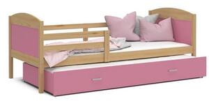 Dětská postel MATYAS P2 80x190 cm s borovicovou konstrukcí v růžové barvě s přistýlkou