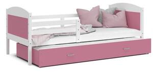 Dětská postel MATYAS P2 80x190 cm s bílou konstrukcí v růžové barvě s přistýlkou