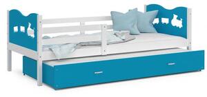 Dětská postel MAX P2 80x190 cm s bílou konstrukcí v modré barvě s motivem vláčku