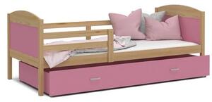 Dětská postel MATYAS P 80x160 cm s borovicovou konstrukcí v růžové barvě se šuplíkem