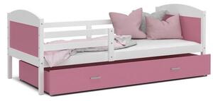 Dětská postel MATYAS P 80x160 cm s bílou konstrukcí v růžové barvě se šuplíkem