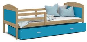 Dětská postel MATYAS P 80x160 cm s borovicovou konstrukcí v modré barvě se šuplíkem