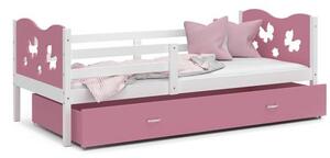 Dětská postel MAX P 90x200cm s bílou konstrukcí v růžové barvě s motivem motýlků