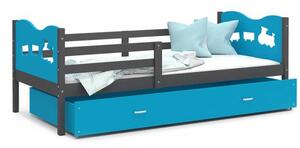 Dětská postel MAX P 90x200cm s šedou konstrukcí v modré barvě s motivem vláčkem