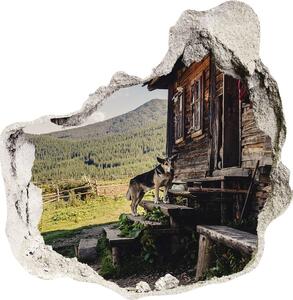 Díra 3D ve zdi nálepka Dřevěný dům hory nd-p-131816797