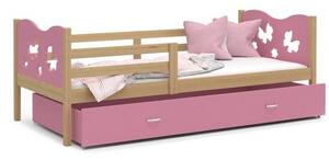 Dětská postel MAX P 90x200cm s borovicovou konstrukcí v růžové barvě s motivem motýlků