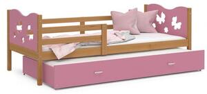 Dětská postel MAX P2 90x200cm s borovicovou konstrukcí v růžové barvě s motivem motýlků